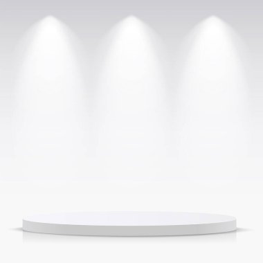 Sunum için spot ışıklarıyla beyaz renkli podyum. Vektör illüstrasyonu