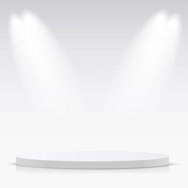 Sunum için spot ışıklarıyla beyaz renkli podyum. Vektör illüstrasyonu