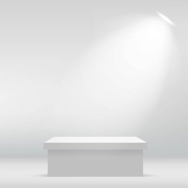 Sahne ışıklarıyla sunum için beyaz renkli podyum ile soyut arkaplan. Vektör illüstrasyonu
