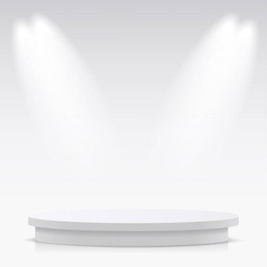 Sunum için spot ışıklarıyla beyaz renkli podyum. Vektör illüstrasyonu
