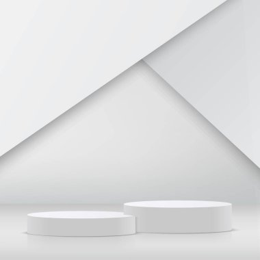 Geometrik formlarla soyut asgari sahne. Ürün sunumu için beyaz arka planda beyaz kürsü. Vektör