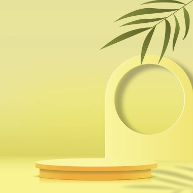 Geometrik formlarla soyut asgari sahne. Ürün sunumu için sarı arka planda sarı podyum. Vektör illüstrasyonu