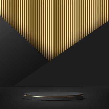 Sunum için siyah ve altın kürsülü soyut bir arkaplan. Vektör illüstrasyonu
