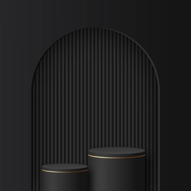 Sunum için siyah ve altın kürsülü soyut bir arkaplan. Vektör illüstrasyonu