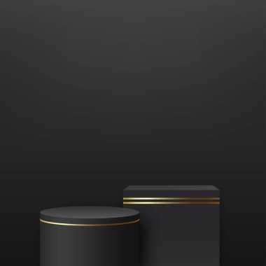 Sunum için siyah ve altın kürsülü soyut bir arkaplan. Vektör illüstrasyonu