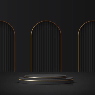 Sunum için siyah ve altın kürsülü soyut bir arkaplan. Vektör illüstrasyonu