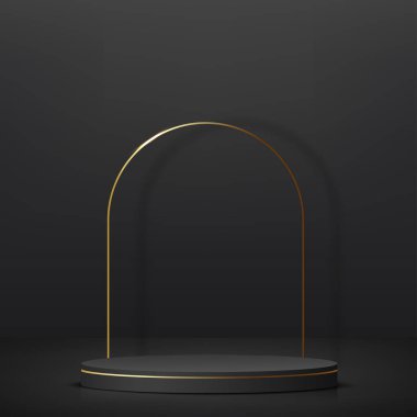 Sunum için siyah ve altın kürsülü soyut bir arkaplan. Vektör illüstrasyonu