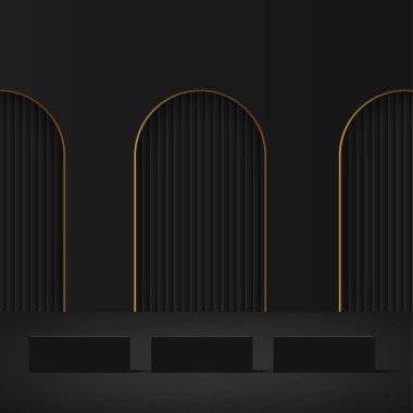 Sunum için siyah ve altın kürsülü soyut bir arkaplan. Vektör illüstrasyonu