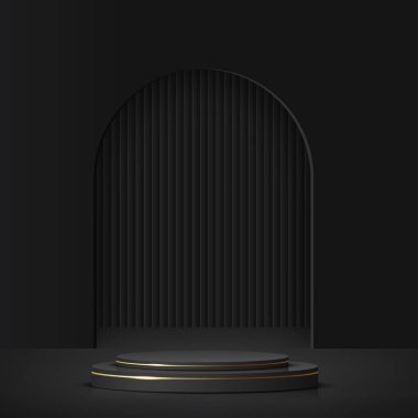 Sunum için siyah ve altın kürsülü soyut bir arkaplan. Vektör illüstrasyonu