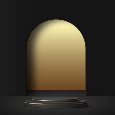 Sunum için siyah ve altın kürsülü soyut bir arkaplan. Vektör illüstrasyonu