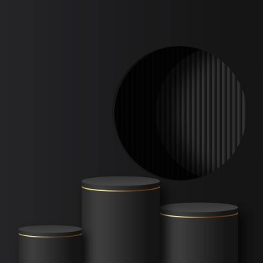 Sunum için siyah ve altın kürsülü soyut bir arkaplan. Vektör illüstrasyonu