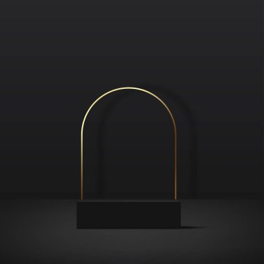 Sunum için siyah ve altın kürsülü soyut bir arkaplan. Vektör illüstrasyonu