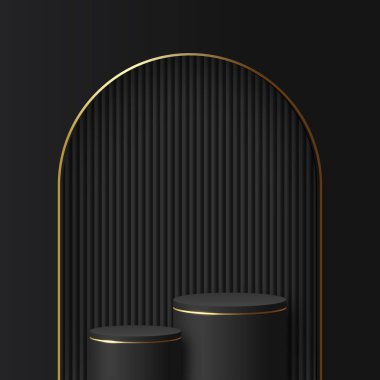 Sunum için siyah ve altın kürsülü soyut bir arkaplan. Vektör illüstrasyonu