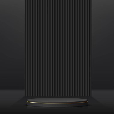 Sunum için siyah ve altın kürsülü soyut bir arkaplan. Vektör illüstrasyonu