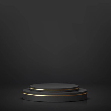 Sunum için siyah ve altın kürsülü soyut bir arkaplan. Vektör illüstrasyonu