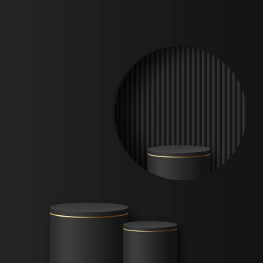 Sunum için siyah ve altın kürsülü soyut bir arkaplan. Vektör illüstrasyonu