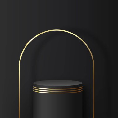Sunum için siyah ve altın kürsülü soyut bir arkaplan. Vektör illüstrasyonu
