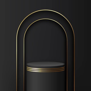 Sunum için siyah ve altın kürsülü soyut bir arkaplan. Vektör illüstrasyonu