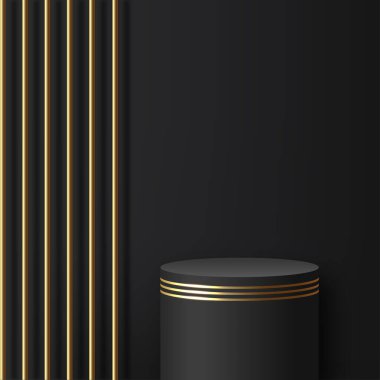 Sunum için siyah ve altın kürsülü soyut bir arkaplan. Vektör illüstrasyonu