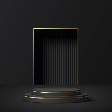 Sunum için siyah ve altın kürsülü soyut bir arkaplan. Vektör illüstrasyonu