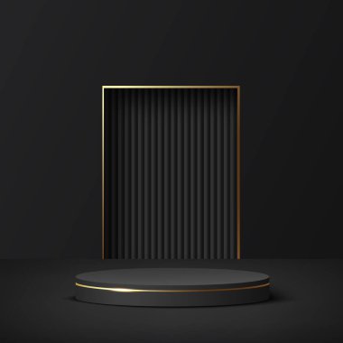 Sunum için siyah ve altın kürsülü soyut bir arkaplan. Vektör illüstrasyonu