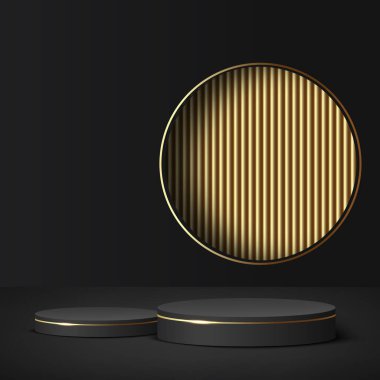 Sunum için siyah ve altın kürsülü soyut bir arkaplan. Vektör illüstrasyonu