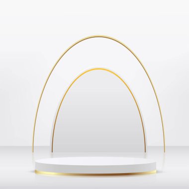 Beyaz ve altın rengi kürsü kürsüsü olan soyut stüdyo odası. Vektör illüstrasyonu