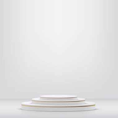 Beyaz ve altın rengi kürsü kürsüsü olan soyut stüdyo odası. Vektör illüstrasyonu