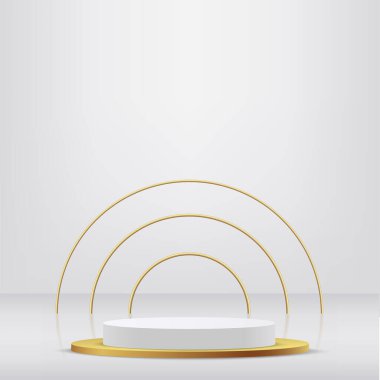 Beyaz ve altın rengi kürsü kürsüsü olan soyut stüdyo odası. Vektör illüstrasyonu