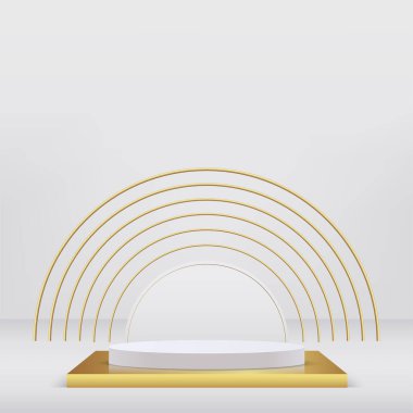 Beyaz ve altın rengi kürsü kürsüsü olan soyut stüdyo odası. Vektör illüstrasyonu