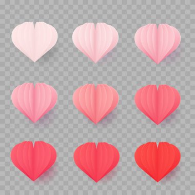 Şeffaf arka planda bir takım kağıt kalpler. Vektör illüstrasyonu