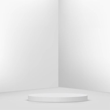 Beyaz renkli geometrik üç boyutlu podyumlarla soyut arkaplan. Vektör illüstrasyonu
