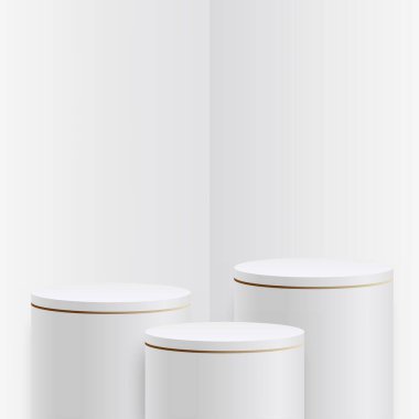 Beyaz renkli geometrik üç boyutlu podyumlarla soyut arkaplan. Vektör illüstrasyonu