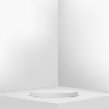 Geometrik formlarla soyut asgari sahne. Ürün sunumu için beyaz arka planda beyaz kürsü. Vektör