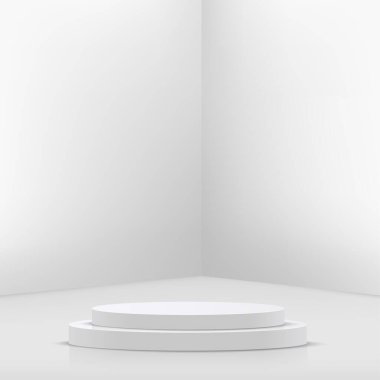 Geometrik formlarla soyut asgari sahne. Ürün sunumu için beyaz arka planda beyaz kürsü. Vektör