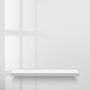 Beyaz duvardaki boş beyaz raf. Vektör