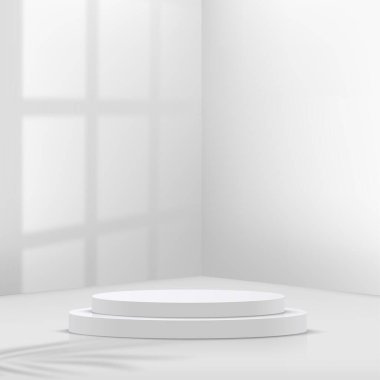 Geometrik formlarla soyut asgari sahne. Ürün sunumu için beyaz arka planda beyaz kürsü. Vektör
