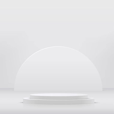 Geometrik formlarla soyut asgari sahne. Ürün sunumu için beyaz arka planda beyaz kürsü. Vektör