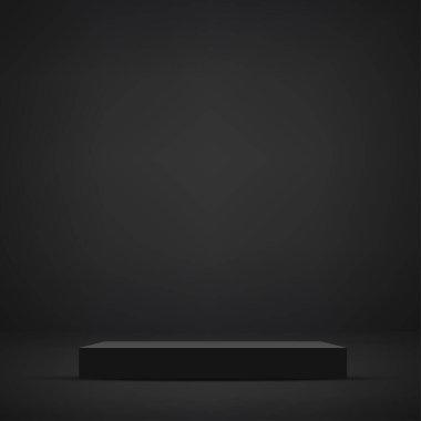 Geometrik formlarla soyut asgari sahne. Ürün sunumu için siyah arka planda siyah podyum. Vektör