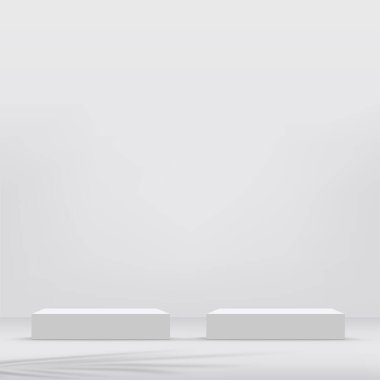 Geometrik formlarla soyut asgari sahne. Ürün sunumu için beyaz arka planda beyaz kürsü. Vektör