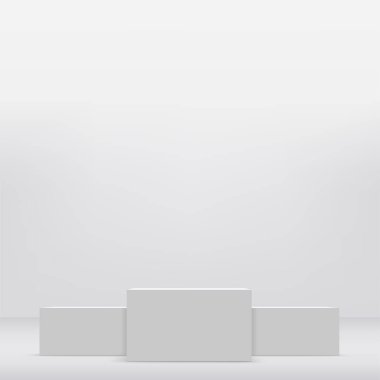 Geometrik formlarla soyut asgari sahne. Ürün sunumu için beyaz arka planda beyaz kürsü. Vektör