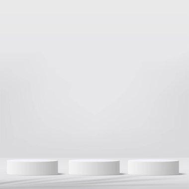 Geometrik formlarla soyut asgari sahne. Ürün sunumu için beyaz arka planda beyaz kürsü. Vektör