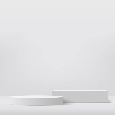 Geometrik formlarla soyut asgari sahne. Ürün sunumu için beyaz arka planda beyaz kürsü. Vektör illüstrasyonu
