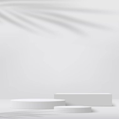 Geometrik formlarla soyut asgari sahne. Ürün sunumu için beyaz arka planda beyaz kürsü. Vektör illüstrasyonu