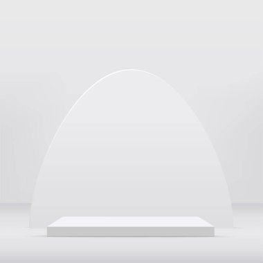 Geometrik formlarla soyut asgari sahne. Ürün sunumu için beyaz arka planda beyaz kürsü. Vektör illüstrasyonu