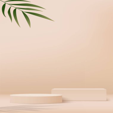 Geometrik formlarla soyut asgari sahne. Ürün sunumu için krem rengi arka planda krem rengi podyumu. Vektör illüstrasyonu