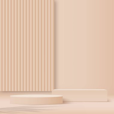 Geometrik platformlu 3d krem rengi ürün podyum sahnesi. Vektör illüstrasyonu
