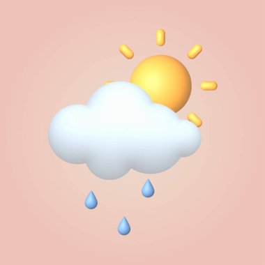 3 boyutlu karikatür tarzı hava durumu bulutu. Yağmurlu ve güneşli. Vektör illüstrasyonu