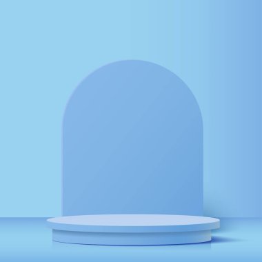 Ürün sunumu için mavi arka planda mavi podyum. Vektör illüstrasyonu