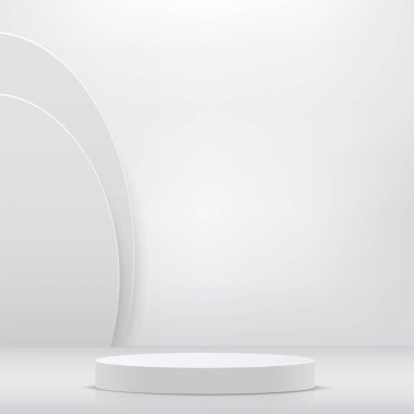 Ürün sunumu için beyaz arka planda beyaz kürsü. Vektör illüstrasyonu